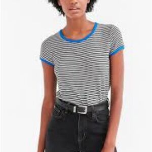 Striped Black and White Top with Blue Accents